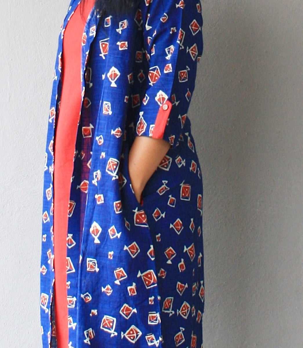 Indigo and Red Set of Two Dresses with pockets and kite print  
