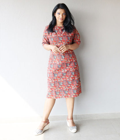 Maroon Printed Pure Cotton Sheath Dress