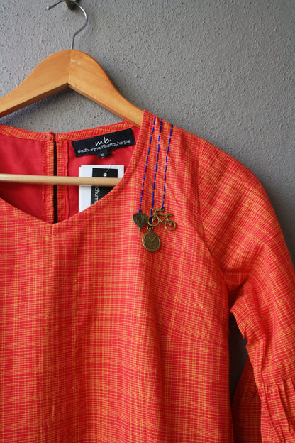 Orange and Pink Handloom Cotton Midi Dress with Embroidery