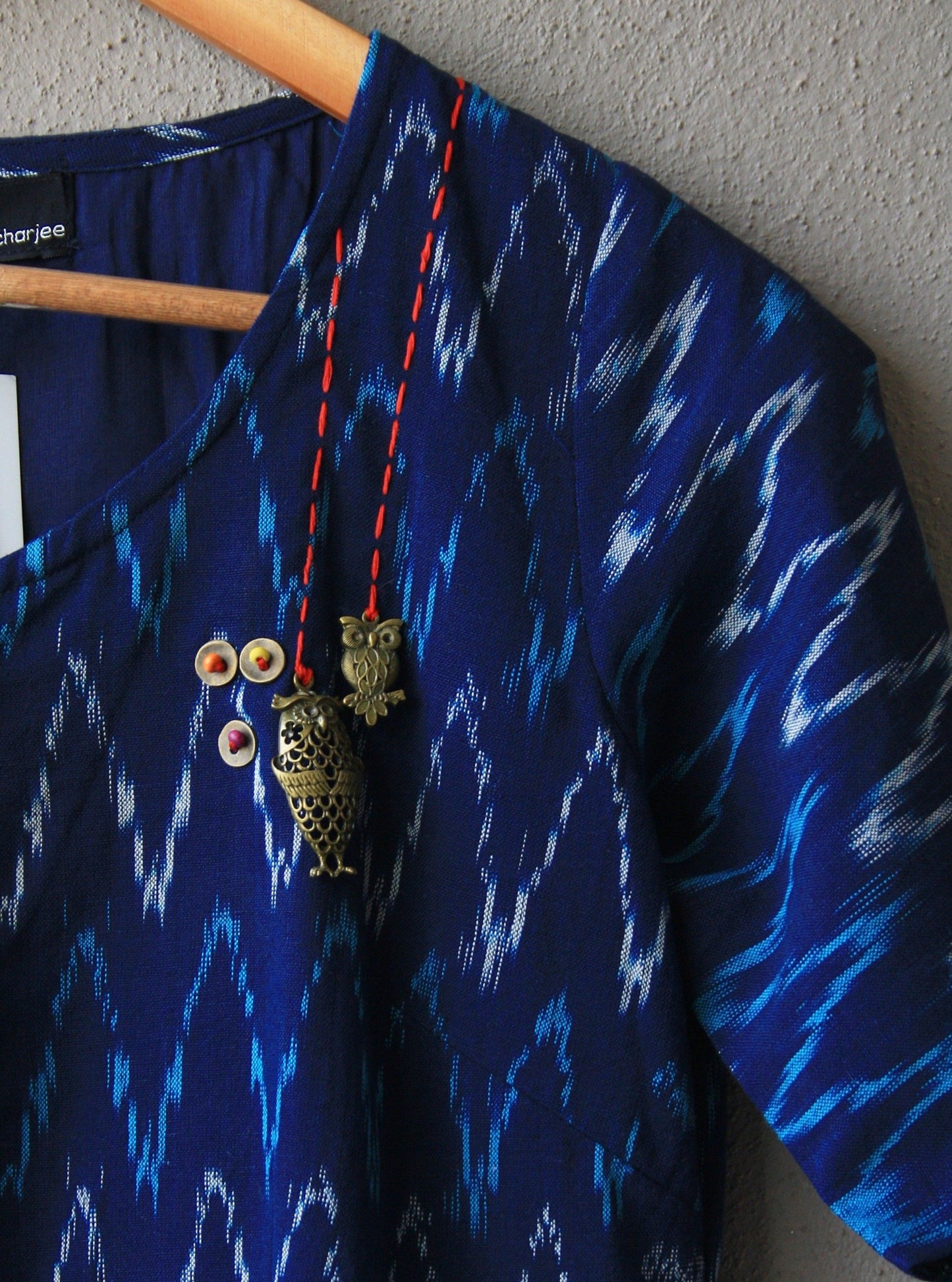 Dark Blue Ikat Cotton Midi Dress with Embroidery