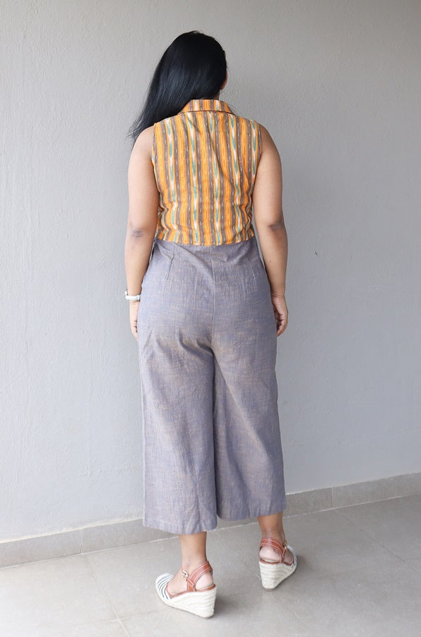 Orange Ikat Cotton and Grey Cotton Cropped Jumpsuit with Belt
