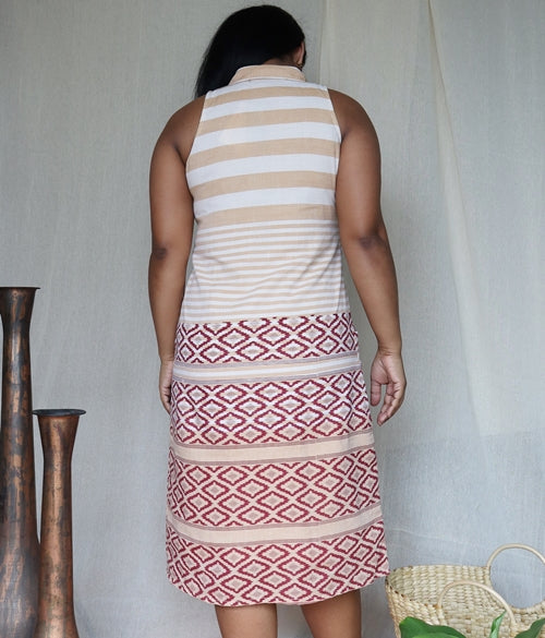 Beige Cotton Collared Halter Neck A Line Dress