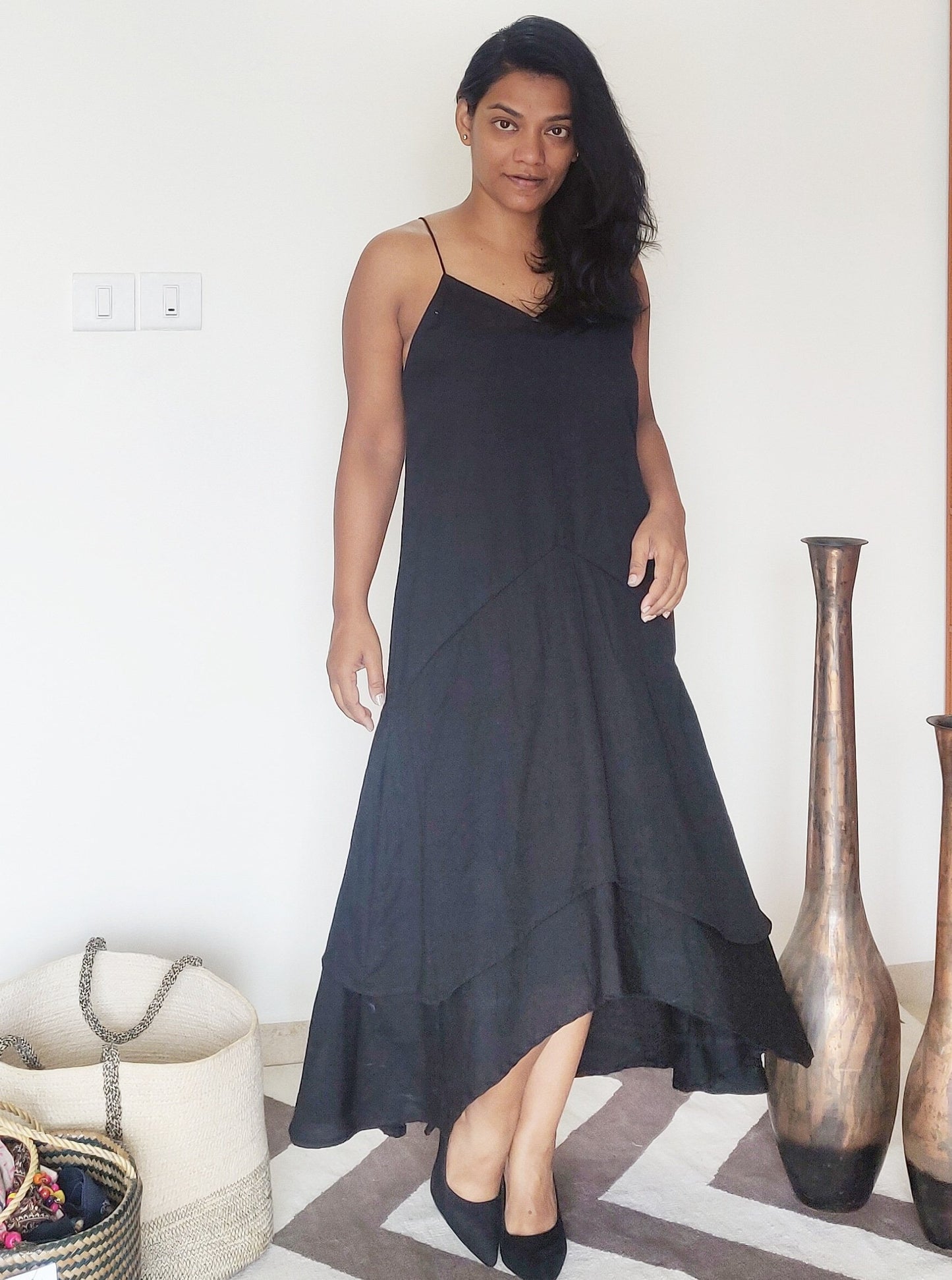 Black Handloom Cotton A Line Maxi Dress