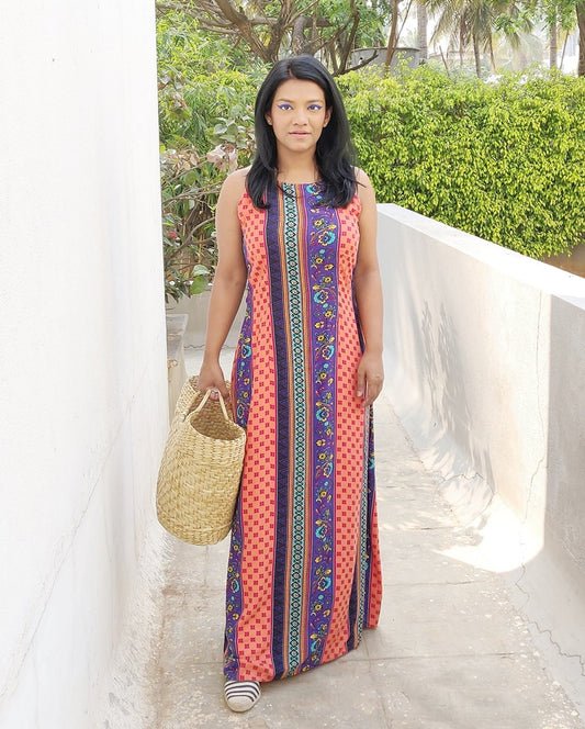 Peach Printed Cotton Viscose Maxi Dress