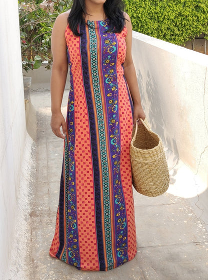Peach Printed Cotton Viscose Maxi Dress