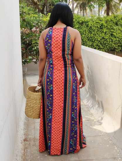 Peach Printed Cotton Viscose Maxi Dress