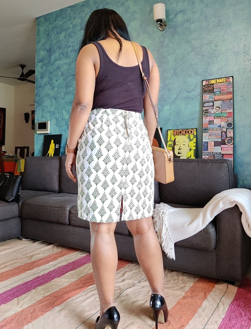 White and Green Pure Cotton Pencil Skirt