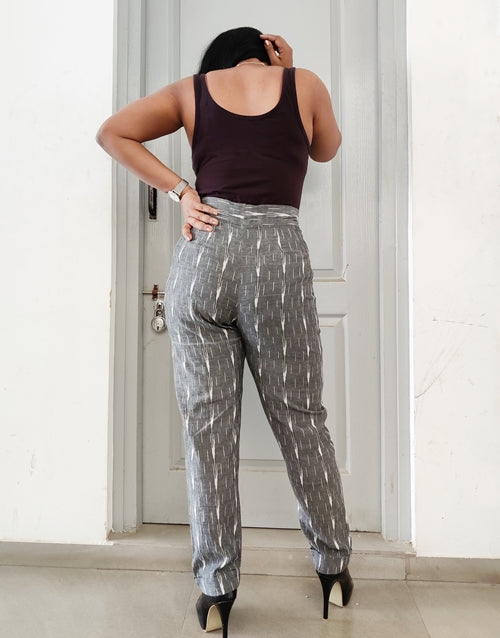 Grey Ikat Cotton High-Waist Slim Fit Pants