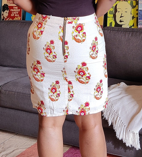 Off White Printed Cotton Pencil Skirt