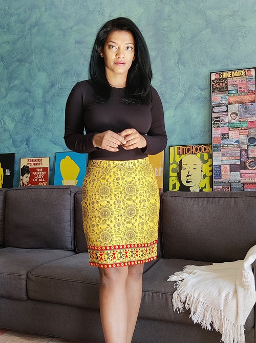 Yellow Warli Printed Handloom Cotton Pencil Skirt