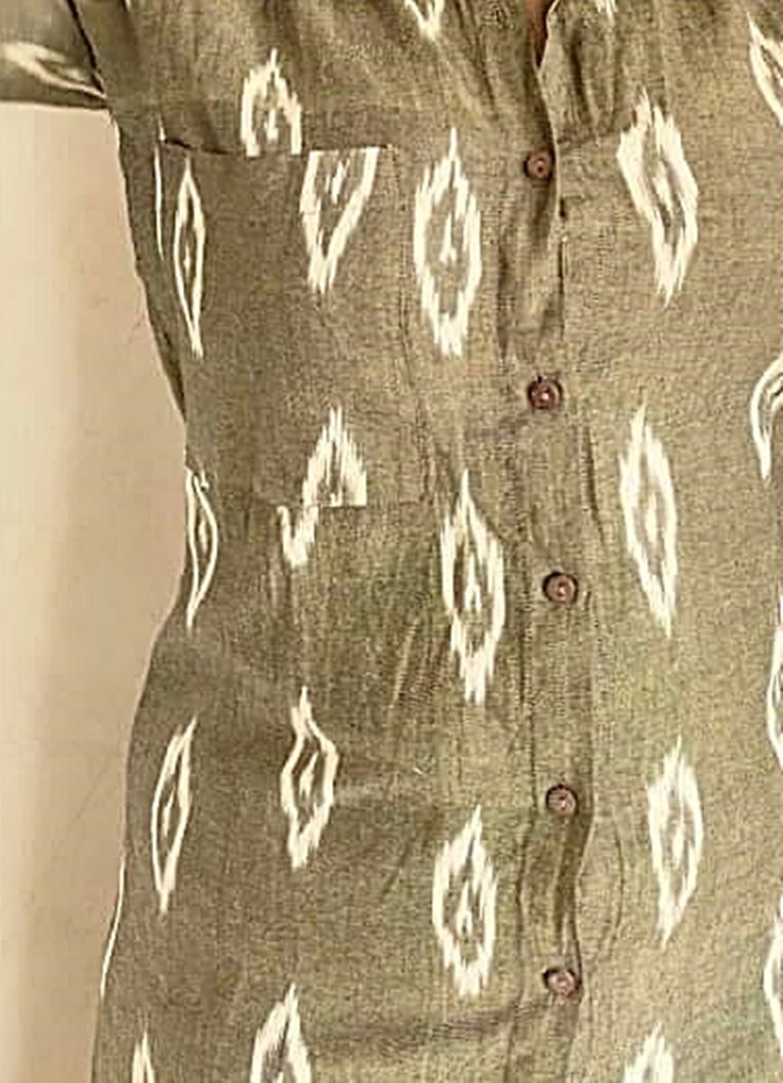 Olive Green Handwoven Ikat Cotton Longline Overlay Jacket