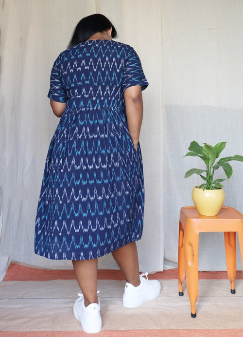 Dark Blue Ikat Cotton Midi Dress with Embroidery