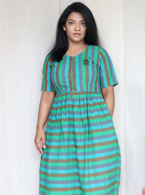 Green Multi Stripped Handloom Cotton Dress