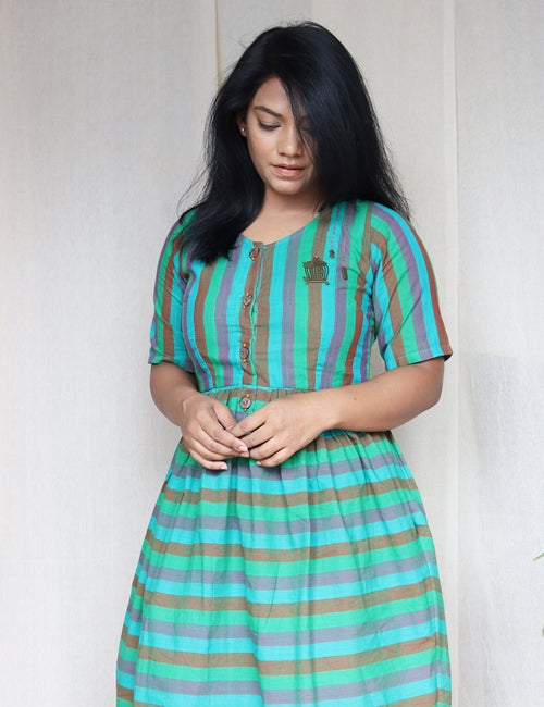 Green Multi Stripped Handloom Cotton Dress