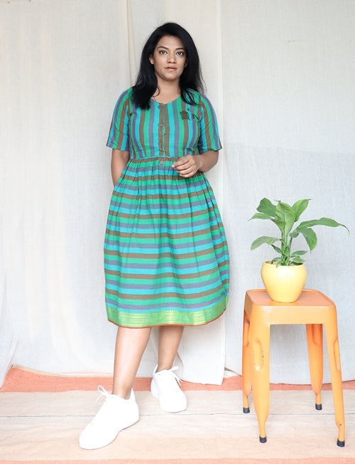 Green Multi Stripped Handloom Cotton Dress