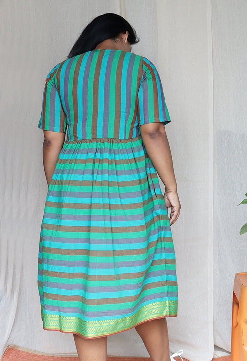 Green Multi Stripped Handloom Cotton Dress