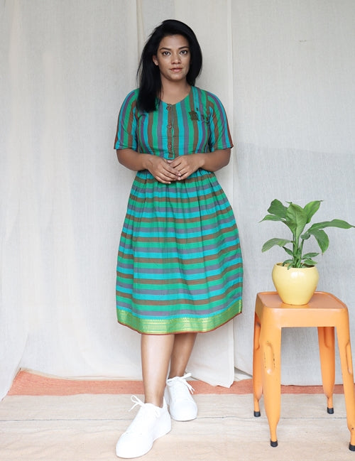 Green Multi Stripped Handloom Cotton Dress