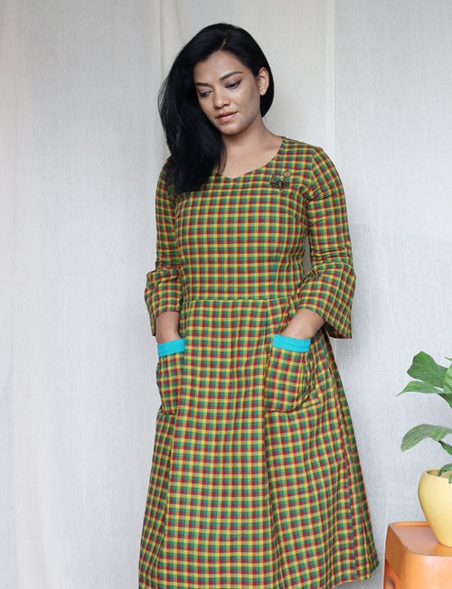 Green Multi Checkered Handloom Cotton Midi Dress with Embroidery