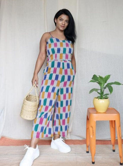 Grey Ikat Cotton Cropped Jumpsuit