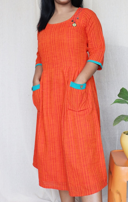 Tangerine Handloom Cotton Midi Dress