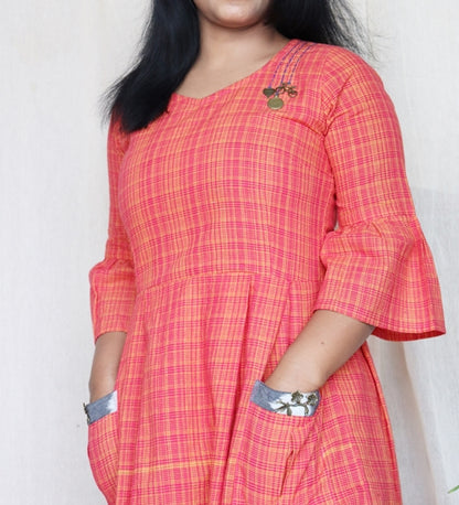 Orange and Pink Handloom Cotton Midi Dress with Embroidery