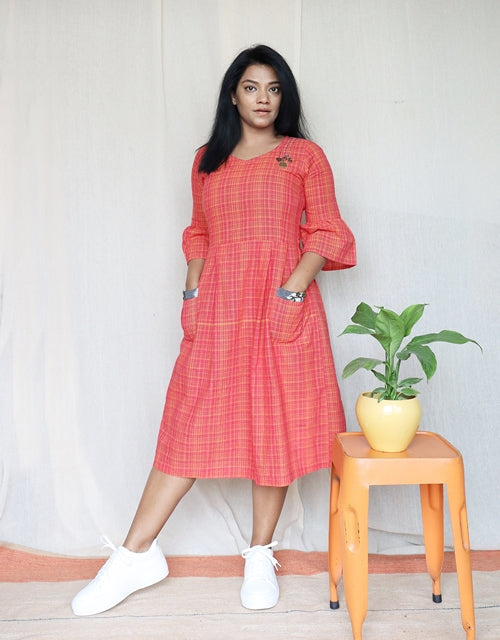 Orange and Pink Handloom Cotton Midi Dress with Embroidery