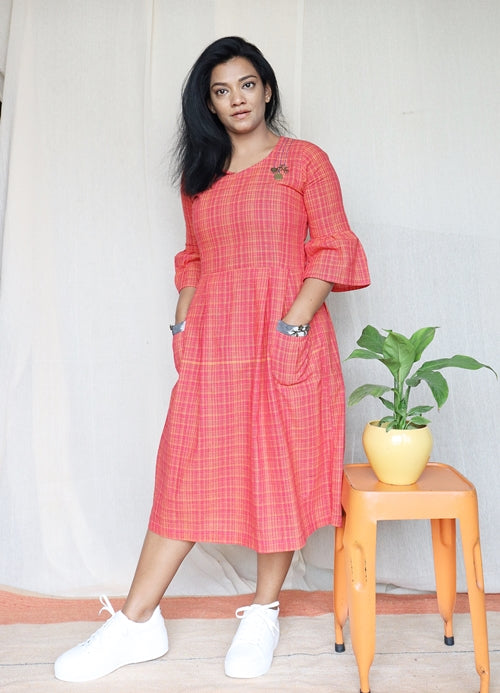 Orange and Pink Handloom Cotton Midi Dress with Embroidery