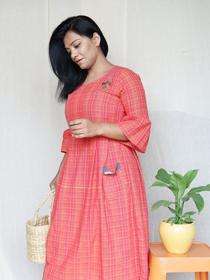 Orange and Pink Handloom Cotton Midi Dress with Embroidery