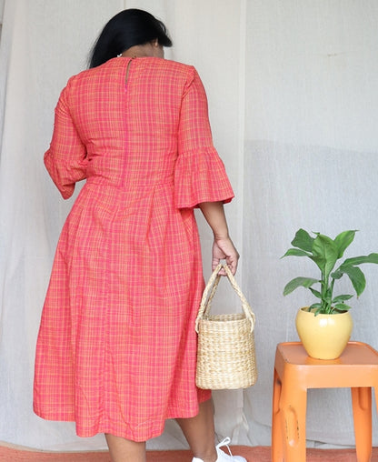 Orange and Pink Handloom Cotton Midi Dress with Embroidery