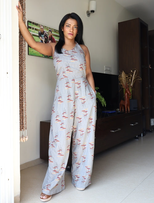 Grey Printed Halterneck Cotton Jumpsuit