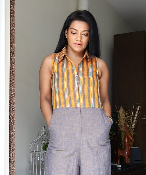 Orange Ikat Cotton and Grey Cotton Cropped Jumpsuit with Belt