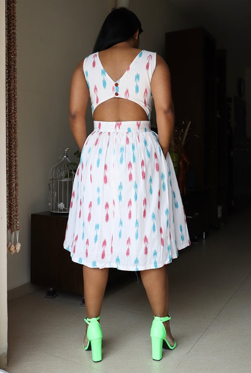 White Ikat Back Cout-Out Dress