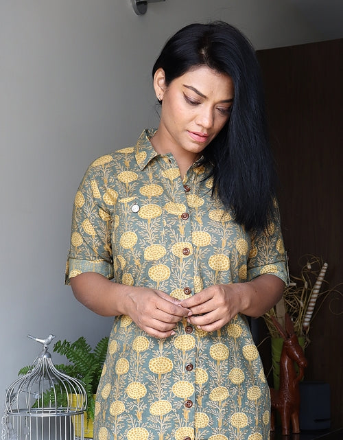 Olive Green and Mustard Floral Cotton Shirt
