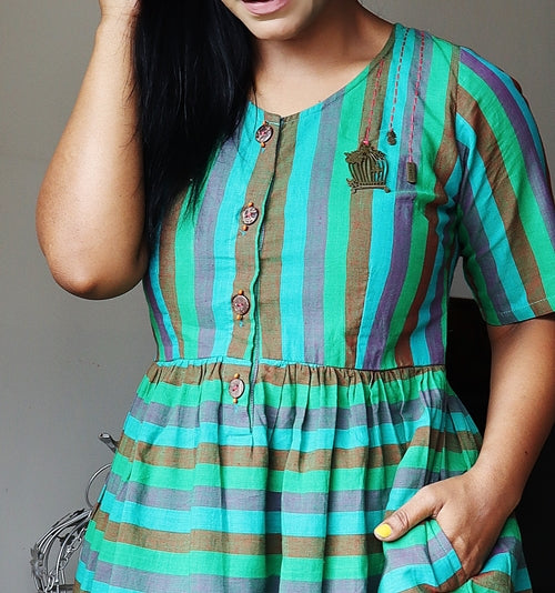 Green Multi Stripped Handloom Cotton Dress