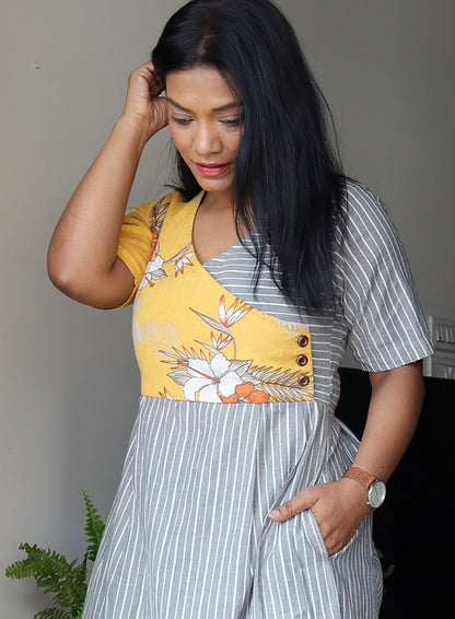 Yellow and Grey Stripped Midi Dress