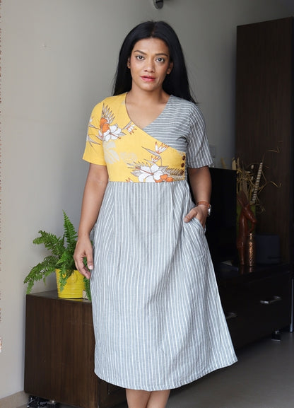 Yellow and Grey Stripped Midi Dress