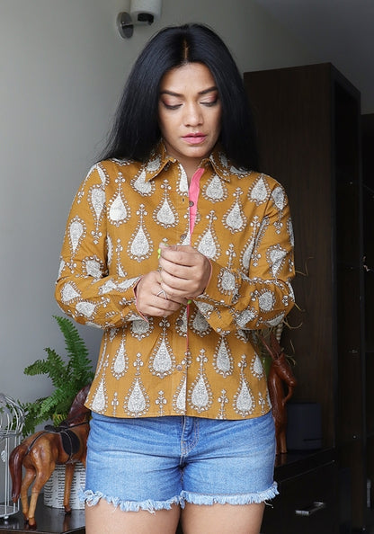 Mustard Cotton Block Printed Shirt