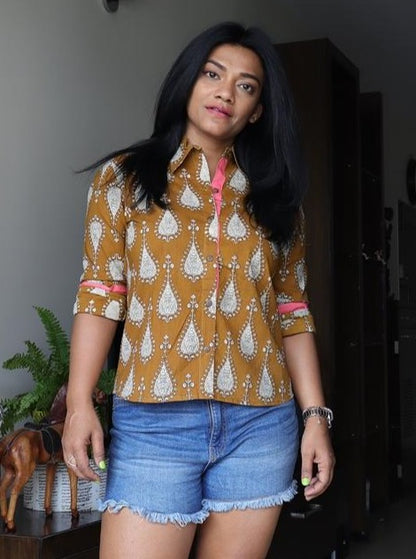 Mustard Cotton Block Printed Shirt
