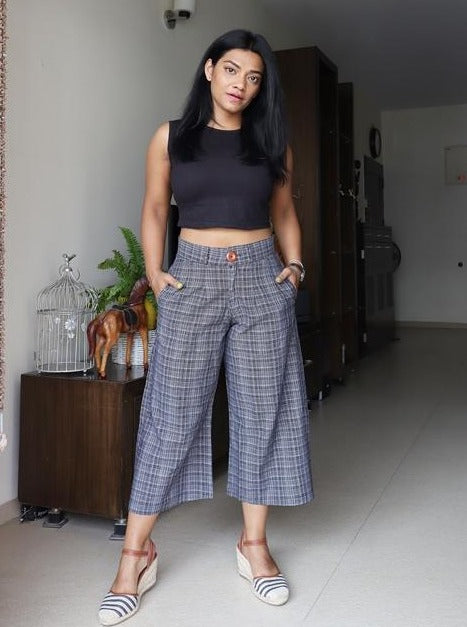 Grey Handloom Cotton Cropped Pants