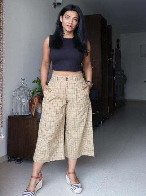 Beige Handloom Cotton Cropped Pants