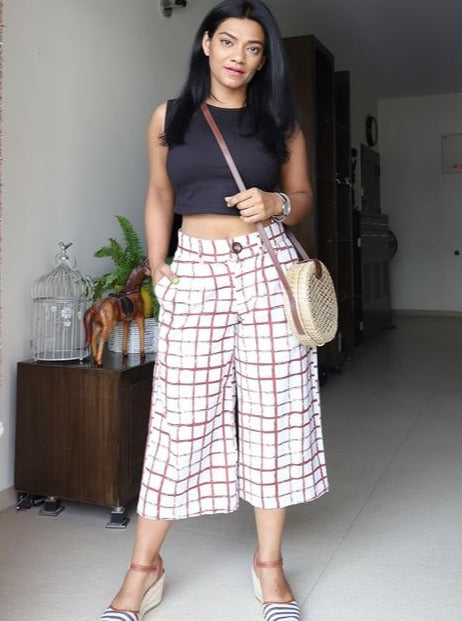 Off White and Maroon Cropped Pants Handloom Cotton