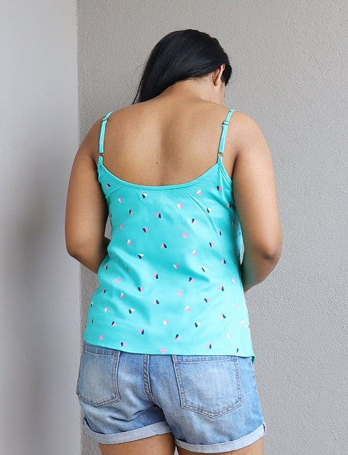 Aqua Blue Printed Cotton Viscose Spaghetti Top