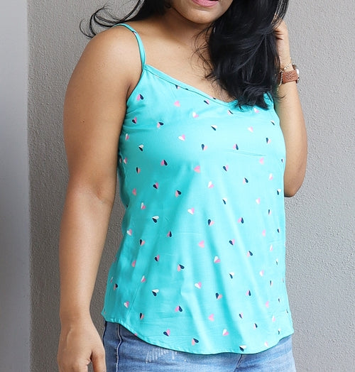 Aqua Blue Printed Cotton Viscose Spaghetti Top