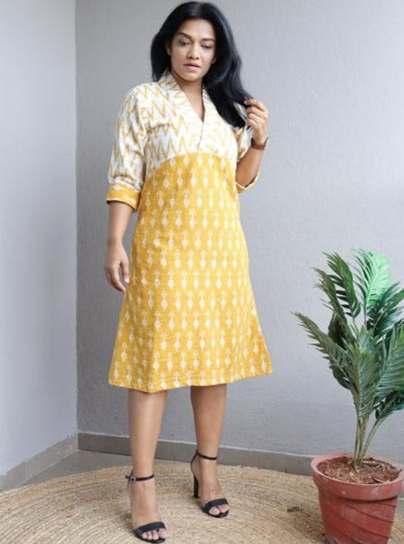 White and Yellow A Line Cotton Dress