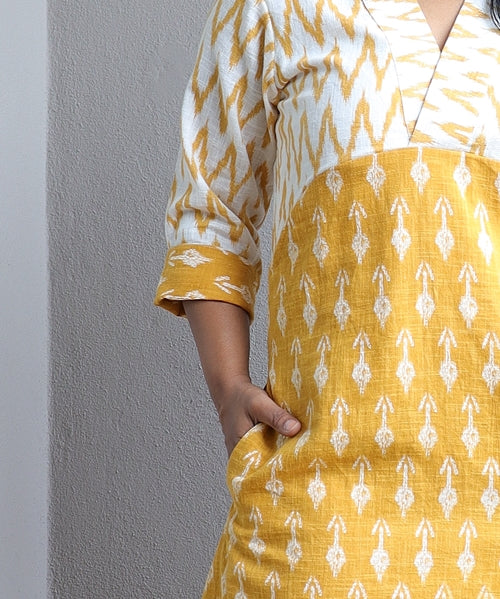 White And Yellow A line Handloom Cotton Dress