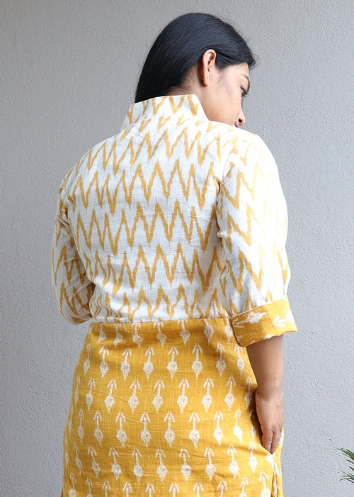 White And Yellow A line Handloom Cotton Dress