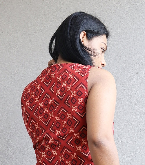 Red Handloom Cotton Block Printed Wrap Dress