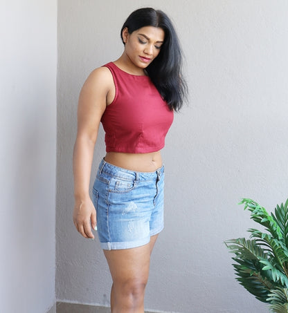 Maroon Handloom Cotton Crop Top (Blouse)