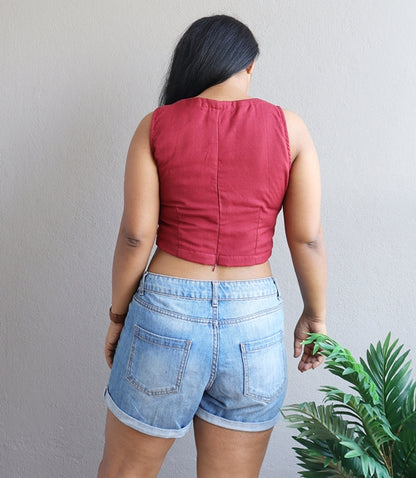 Maroon Handloom Cotton Crop Top (Blouse)