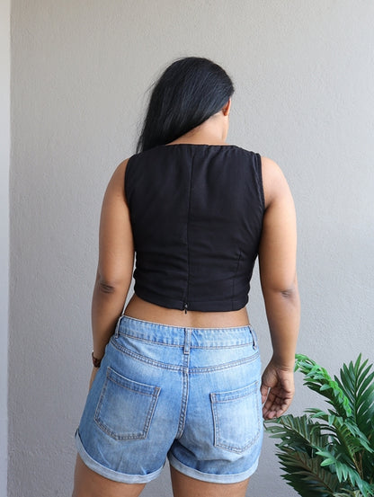 Black Handloom Cotton Crop Top (Blouse)